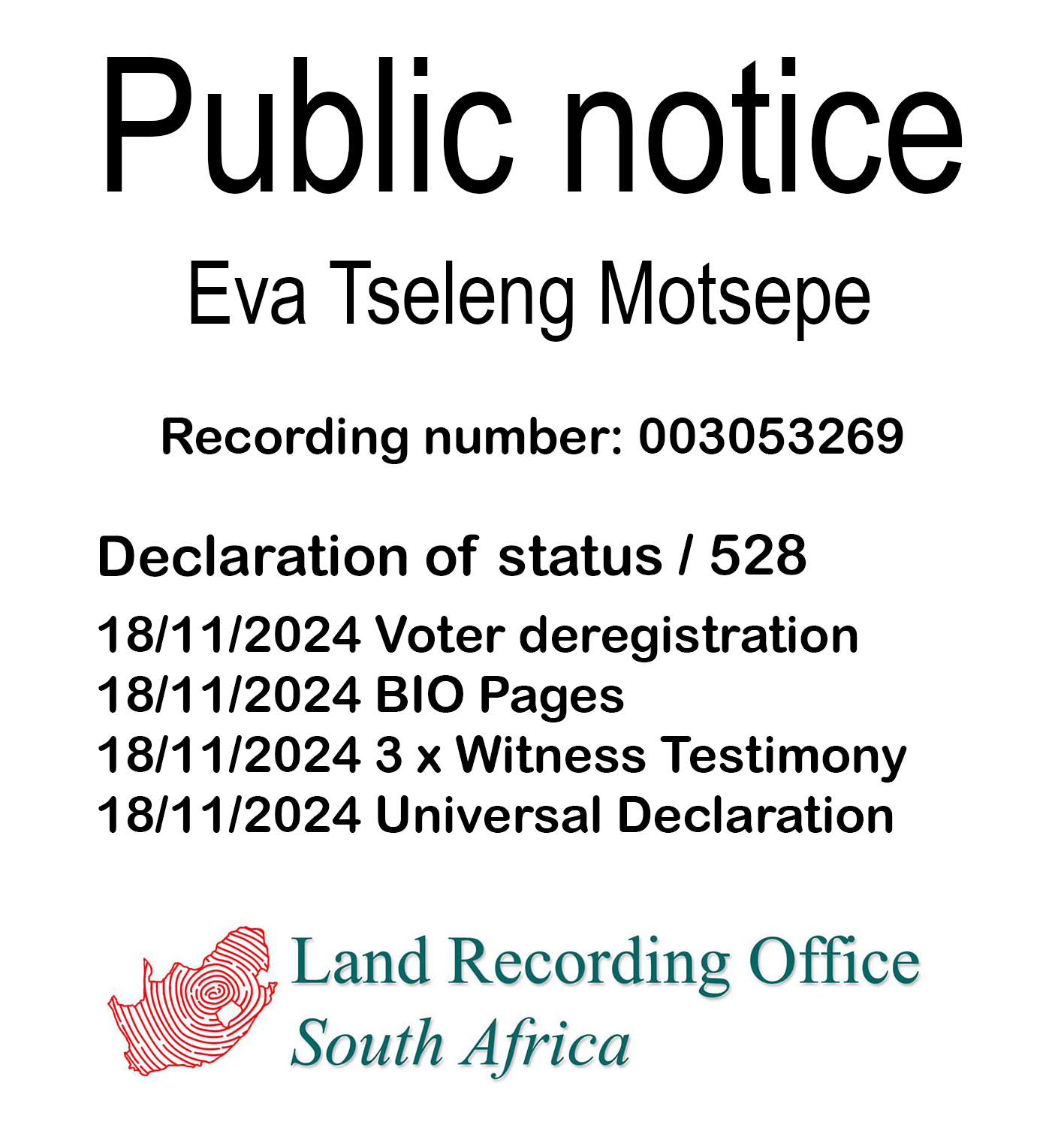 Public notice Eva Tseleng Motsepe Recording number 003053269